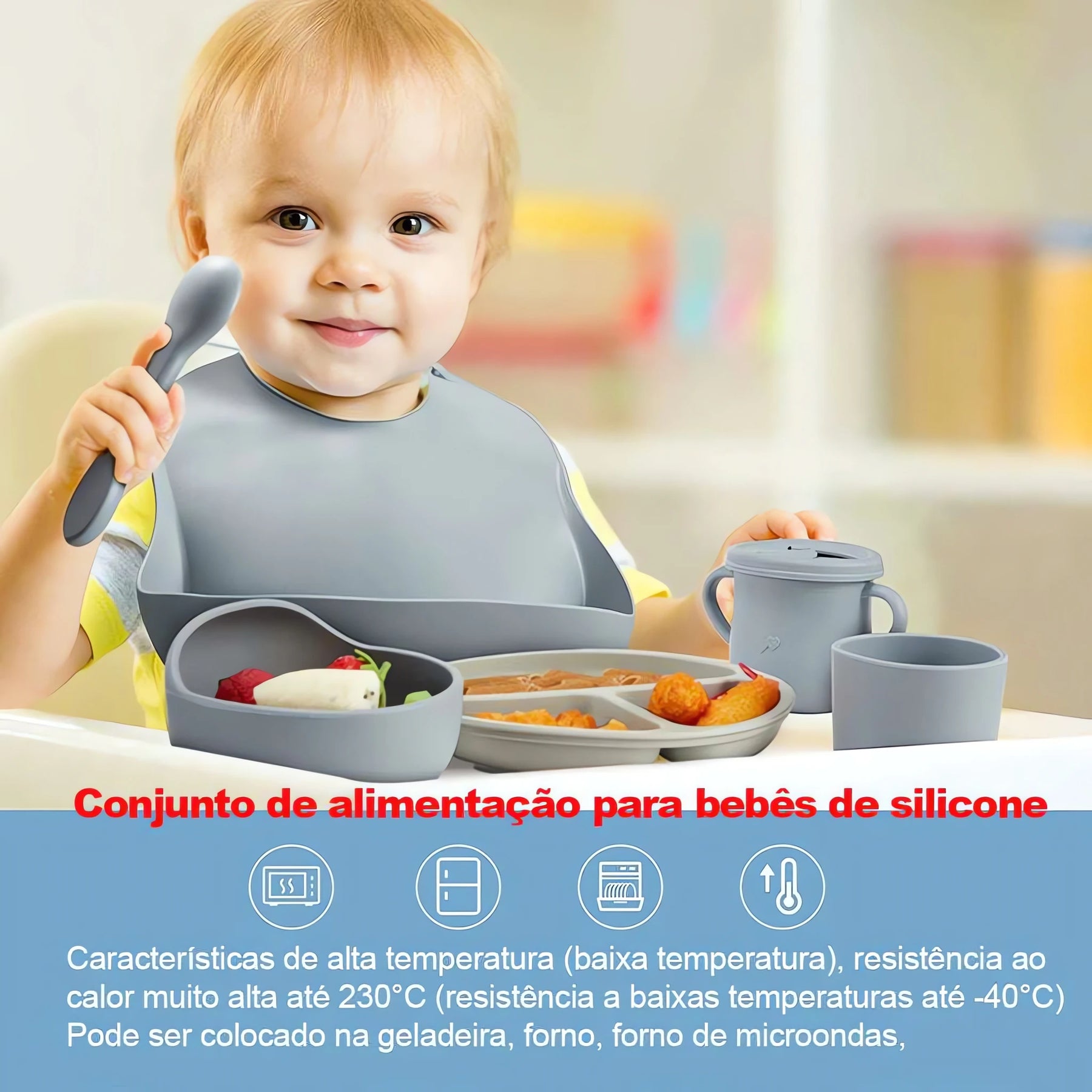 Bebê usando Conjunto Introdução Alimentar 8 Peças para Bebês em silicone cinza com pratos e utensílios