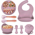 Kit 8 Peças para Bebê: Talheres em Silicone, Prato com Ventosa, Canudo, Colher, Garfo e Babador - Meu Cheirinho Bom