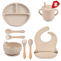 Kit 8 Peças para Bebê: Talheres em Silicone, Prato com Ventosa, Canudo, Colher, Garfo e Babador - Meu Cheirinho Bom