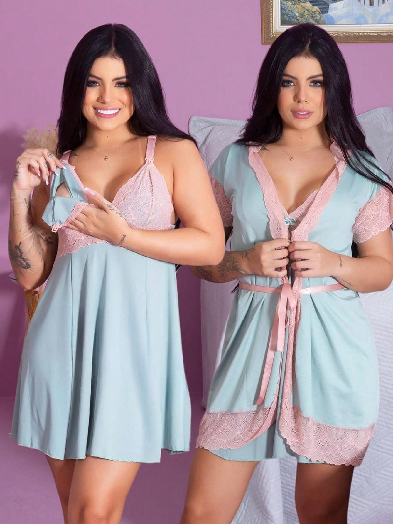 Kit Maternidade: Camisola e Robe Pós-Parto para Amamentação