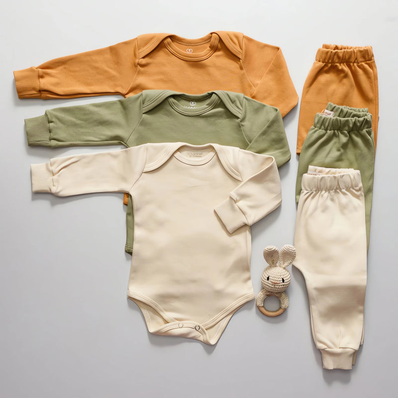 Kit 6 Peças Bebê Body Manga Longa + Mijão Canelado