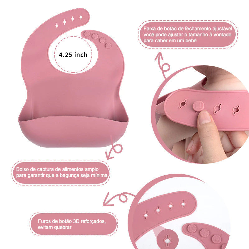 Kit 8 Peças para Bebê: Talheres em Silicone, Prato com Ventosa, Canudo, Colher, Garfo e Babador - Meu Cheirinho Bom