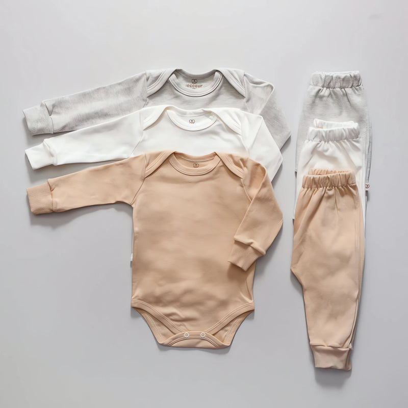 Kit 6 Peças Bebê Body Manga Longa + Mijão Canelado