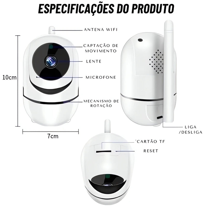 Babá Eletrônica Câmera Sem Fio branca com antena WiFi e microfone detalhes técnicos