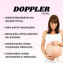 Mulher grávida sorrindo com as mãos na barriga ao lado de texto sobre Baby Doppler Fetal para monitoramento e cuidados médicos