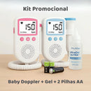Kit promocional Baby Doppler Fetal com dois aparelhos rosa e azul, gel para ultrassom e duas pilhas AA