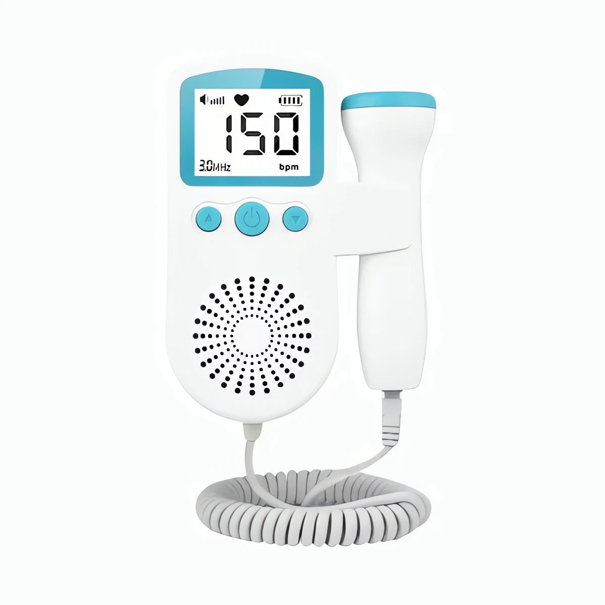 Baby Doppler Fetal branco e azul com display digital mostrando 150 bpm do fornecedor Meu Cheirinho Bom
