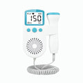 Baby Doppler Fetal branco e azul com display digital mostrando 150 bpm do fornecedor Meu Cheirinho Bom