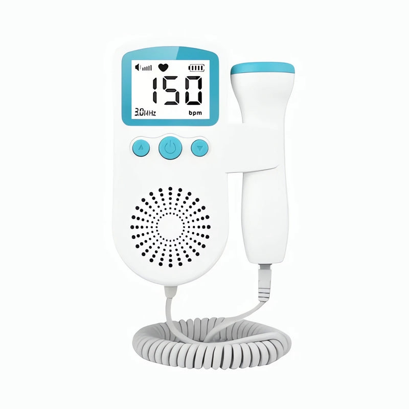 Baby Doppler Fetal branco e azul com display digital mostrando 150 bpm do fornecedor Meu Cheirinho Bom