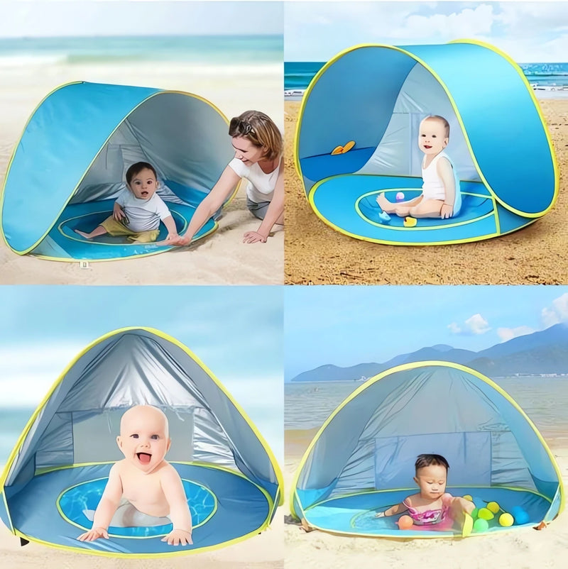 Barraca para Bebê com Proteção UV azul com bordas amarelas usada na praia por bebês confortáveis