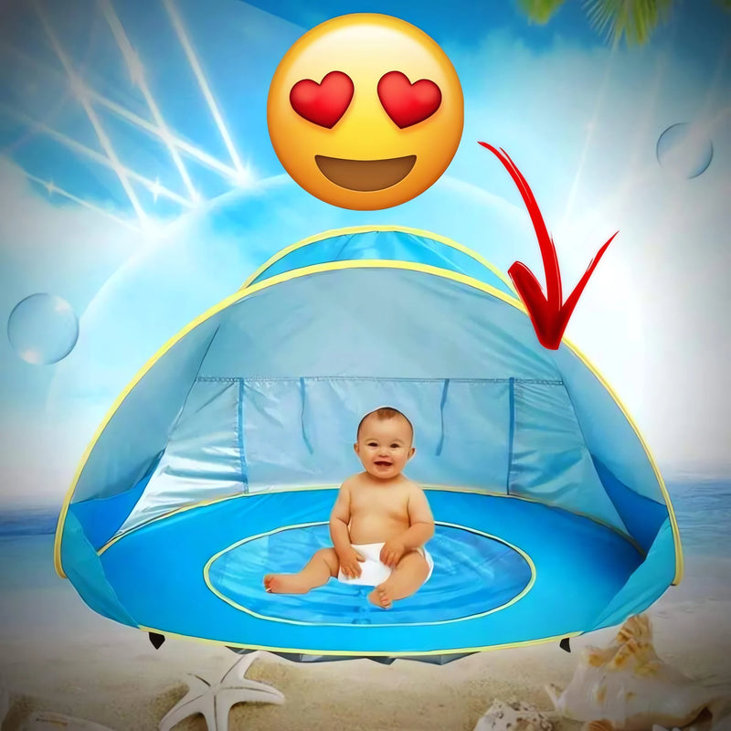 Barraca para Bebê com Proteção UV azul para praia com bebê sentado e fundo de céu azul