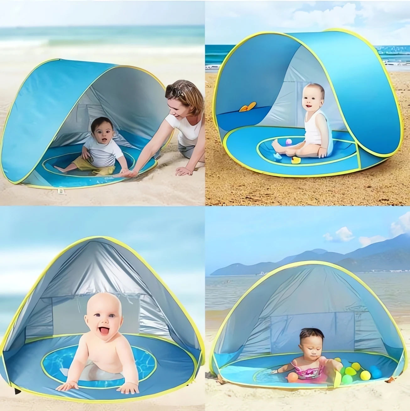 Barraca para Bebê azul com bordas amarelas usada na praia para proteger crianças do sol