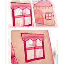 Barraca tenda infantil rosa com desenhos decorativos, janelas com cortinas e porta para brincadeiras
