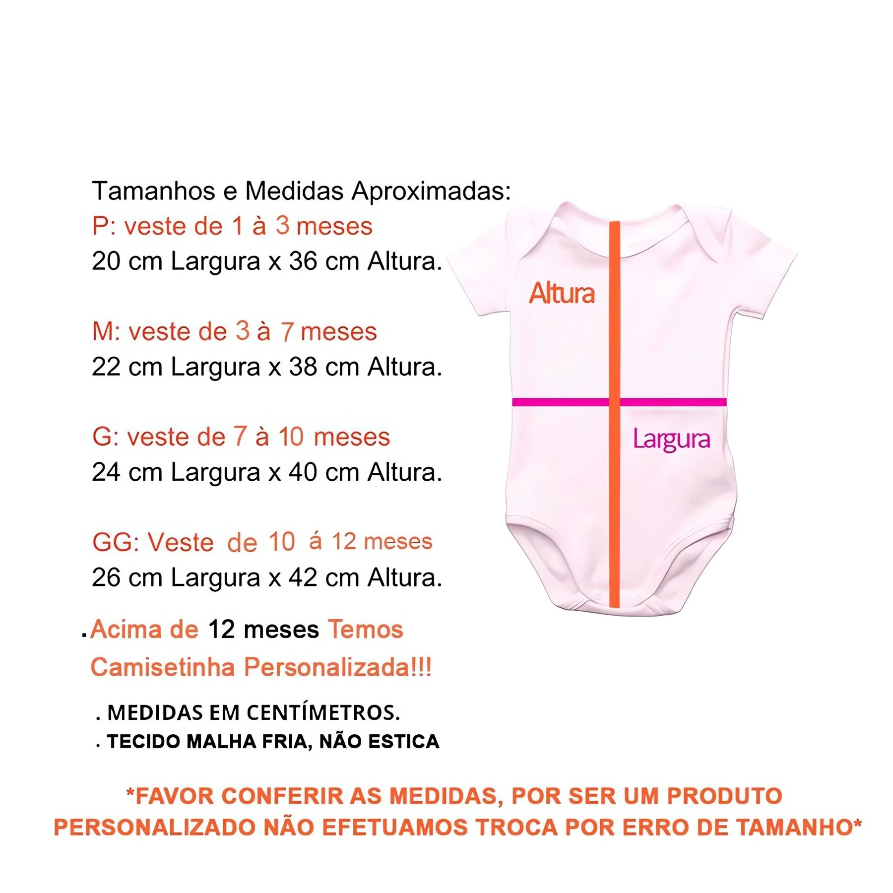 BodyBaby Personalizado rosa claro com tabela de tamanhos e medidas aproximadas para bebês de 1 a 12 meses