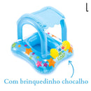 Boia Bote Infantil com Cobertura azul e brinquedinho chocalho para diversão segura na piscina