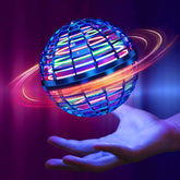 Bola Mágica azul com luzes coloridas flutuando sobre a mão em fundo escuro vibrante