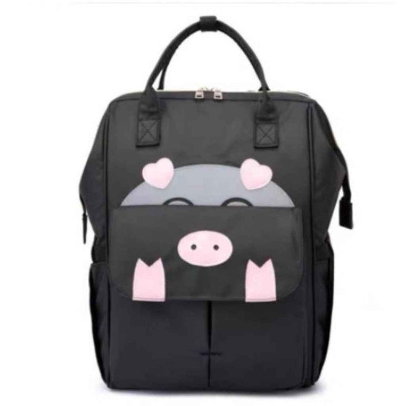 Bolsa Maternidade FlexiBag em preto com estampa de porquinho e compartimentos espaçosos