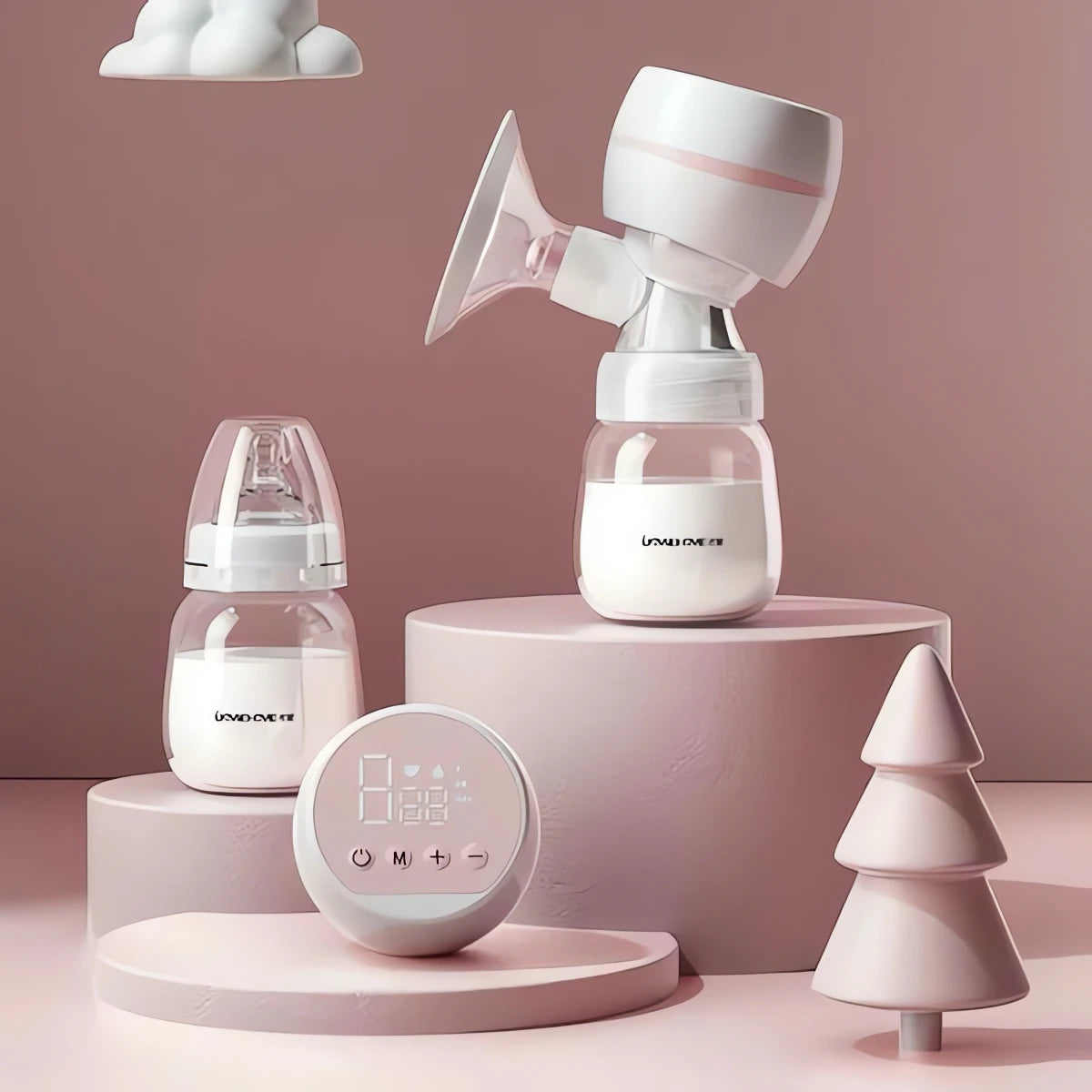 Bomba Tira Leite Elétrica rosa com frascos e painel digital em ambiente suave e minimalista