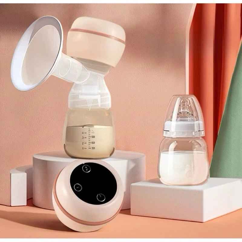 Bomba Tira Leite Elétrica Portátil com design moderno e prático, acompanhada de frasco e chupeta.