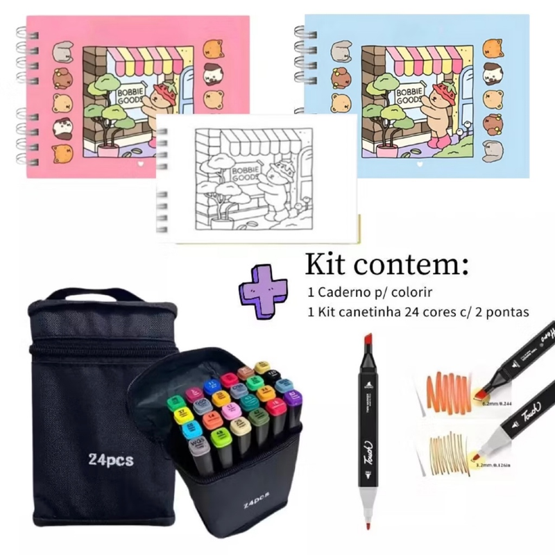 Kit de Livro de Colorido BooBoo Goods 50 Folhas+Jogo Caneta Marcadora 24/36Pintura