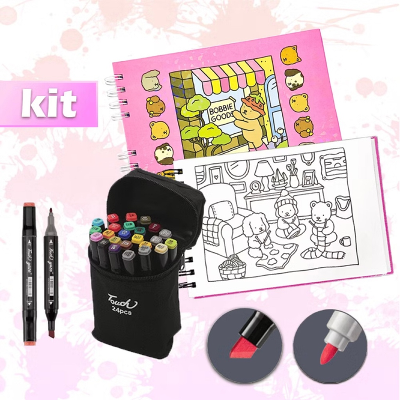 Kit Livro de Colorir Bobbie Goods Capa Dura + Canetinhas Dupla Ponta
