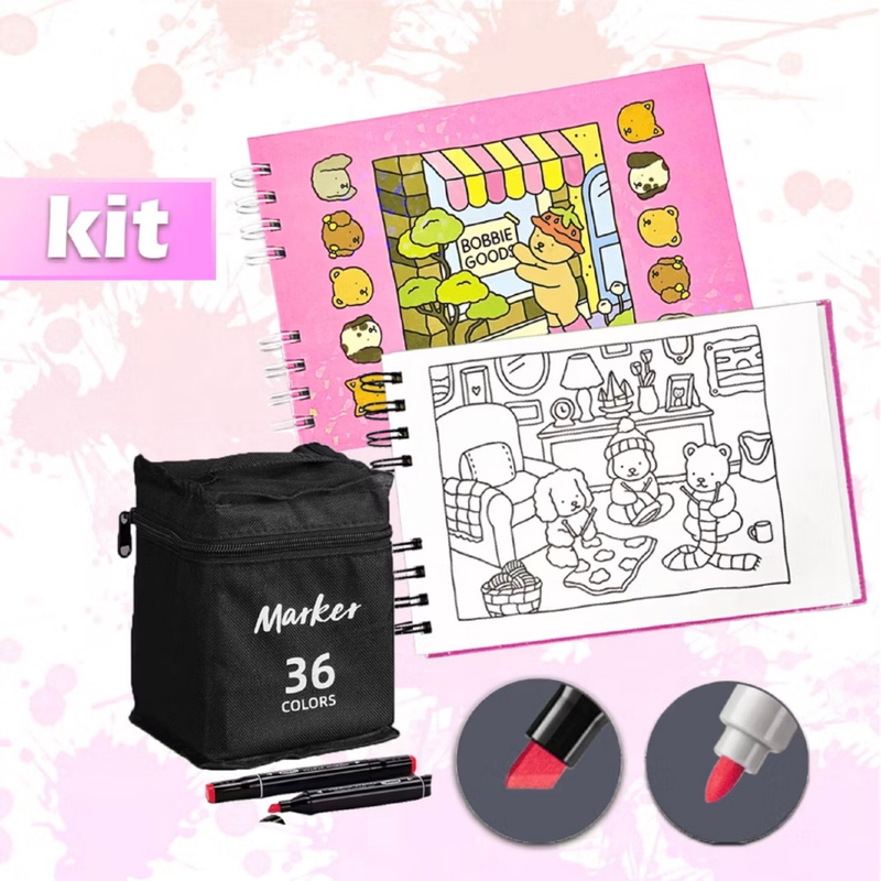 Kit Livro de Colorir Bobbie Goods Capa Dura + Canetinhas Dupla Ponta
