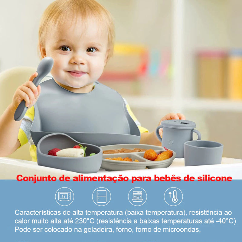 Kit 8 Peças para Bebê: Talheres em Silicone, Prato com Ventosa, Canudo, Colher, Garfo e Babador - Meu Cheirinho Bom