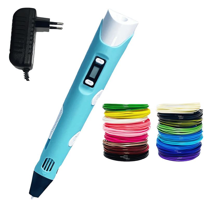 Caneta 3D Profissional azul com carregador e múltiplas bobinas de filamento colorido