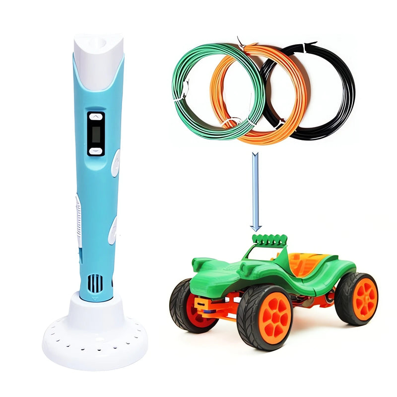 Caneta 3D Profissional azul com filamentos coloridos e carrinho verde feito com impressão 3D