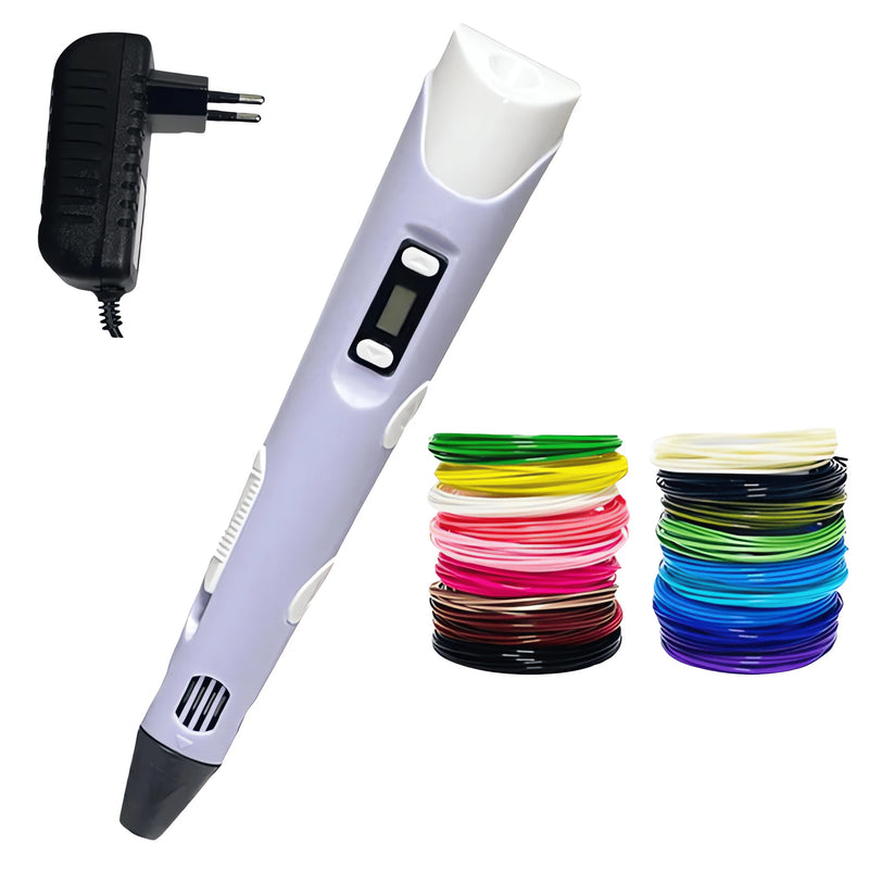 Caneta 3D Profissional branca com carregador e diversas cores de filamentos para impressão 3D