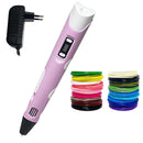 Caneta 3D Profissional rosa com filamentos coloridos e carregador para desenhos em três dimensões