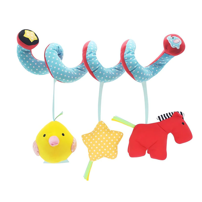 Centopeia para Bebês espiral azul com bolinhas brancas e brinquedos pendurados coloridos