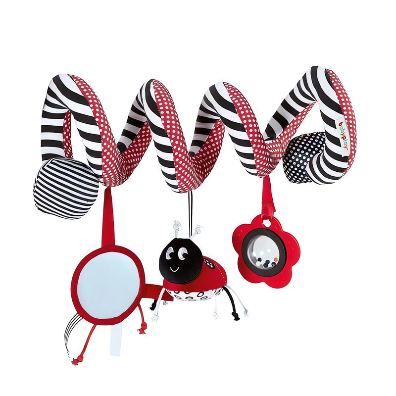 Mobile Centopeia para Bebês espiral preto branco e vermelho com brinquedos pendurados