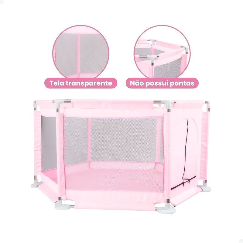 Cercadinho Flex rosa com tela transparente e sem pontas para segurança de crianças pequenas
