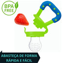 Chupeta Alimentadora verde com alça azul, ideal para frutas, livre de BPA, com design prático