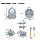 Conjunto Introdução Alimentar 8 Peças para Bebês em silicone cinza com prato compartimentado e talheres