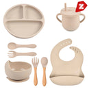 Conjunto Introdução Alimentar 8 Peças para Bebês em silicone rosa bebê com prato, copo, colher, garfo e babador
