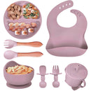 Conjunto Introdução Alimentar 8 Peças para Bebês em silicone rosa bebê com prato, talheres, babador e copo