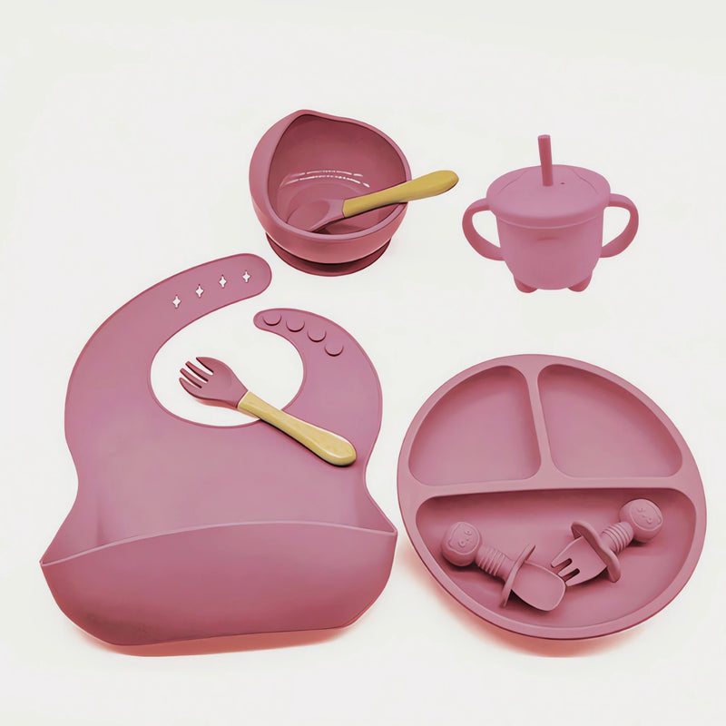 Conjunto Introdução Alimentar 8 Peças para Bebês em silicone rosa bebê com prato, babador, copo e talheres