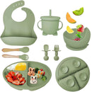 Conjunto Introdução Alimentar 8 Peças para Bebês em silicone verde com colher, garfo, prato, tigela e copo