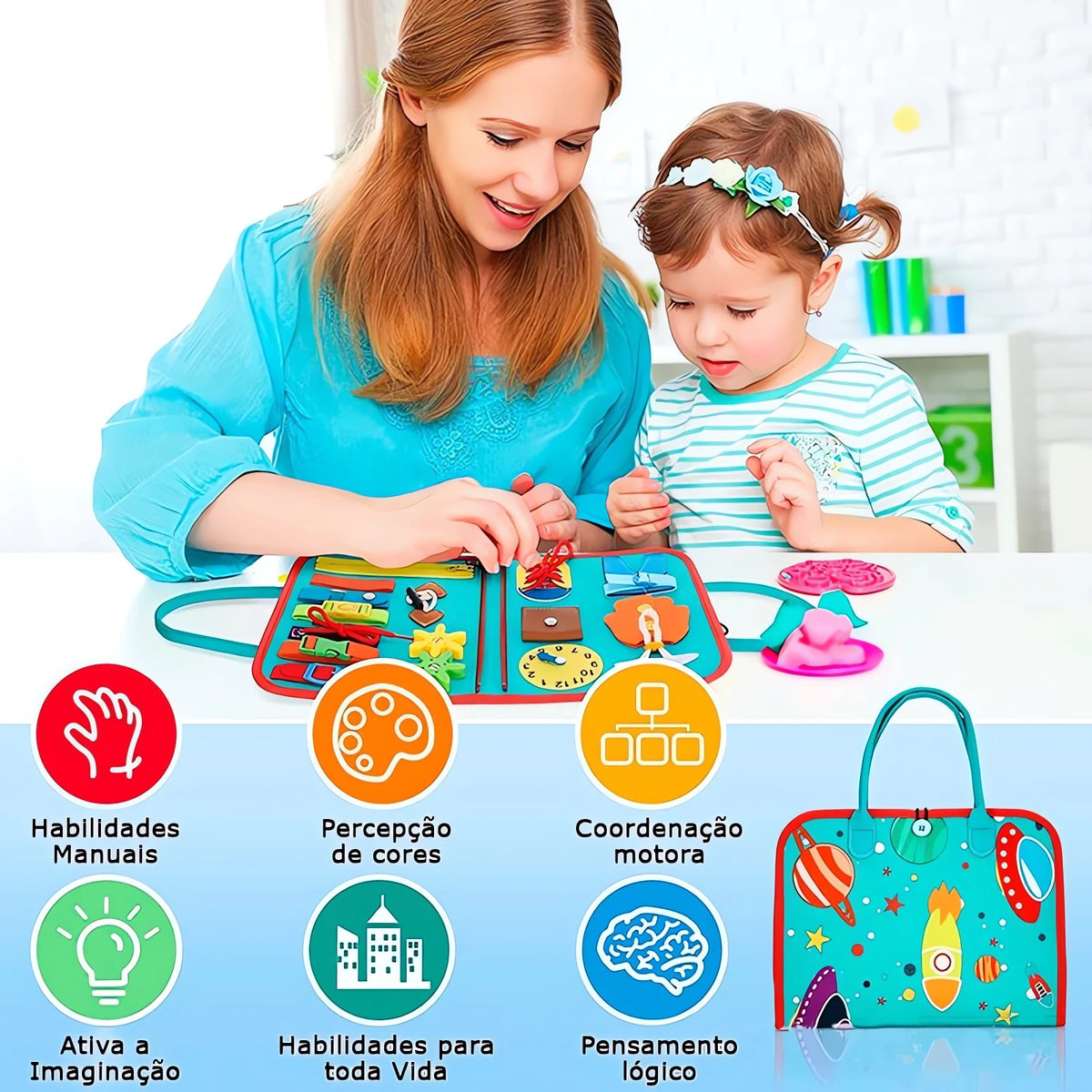 Mãe e filha brincando com maleta educativa montessori colorida para coordenação motora e habilidades manuais