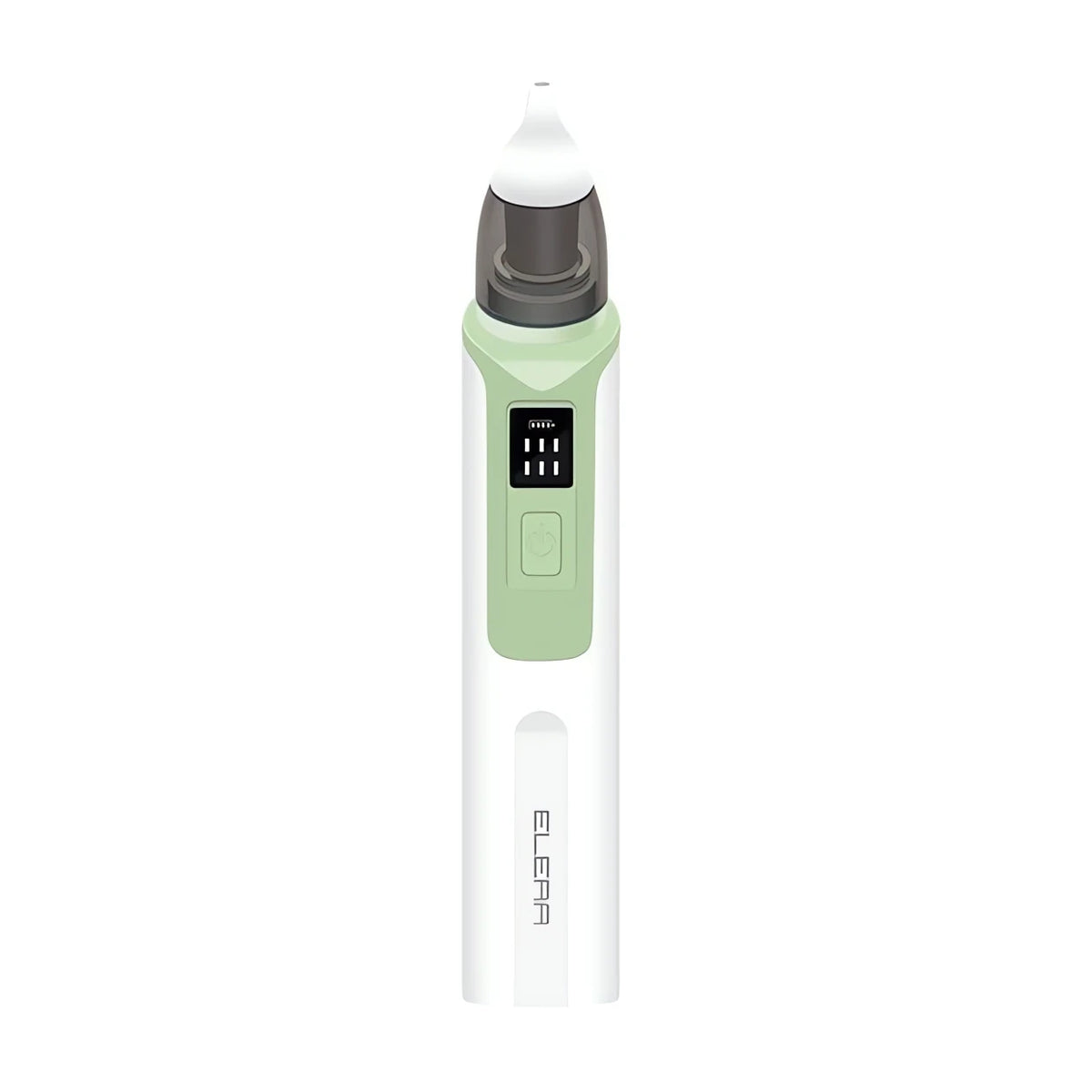 Aspirador Nasal eletrônico branco e verde com visor digital para limpeza nasal eficiente