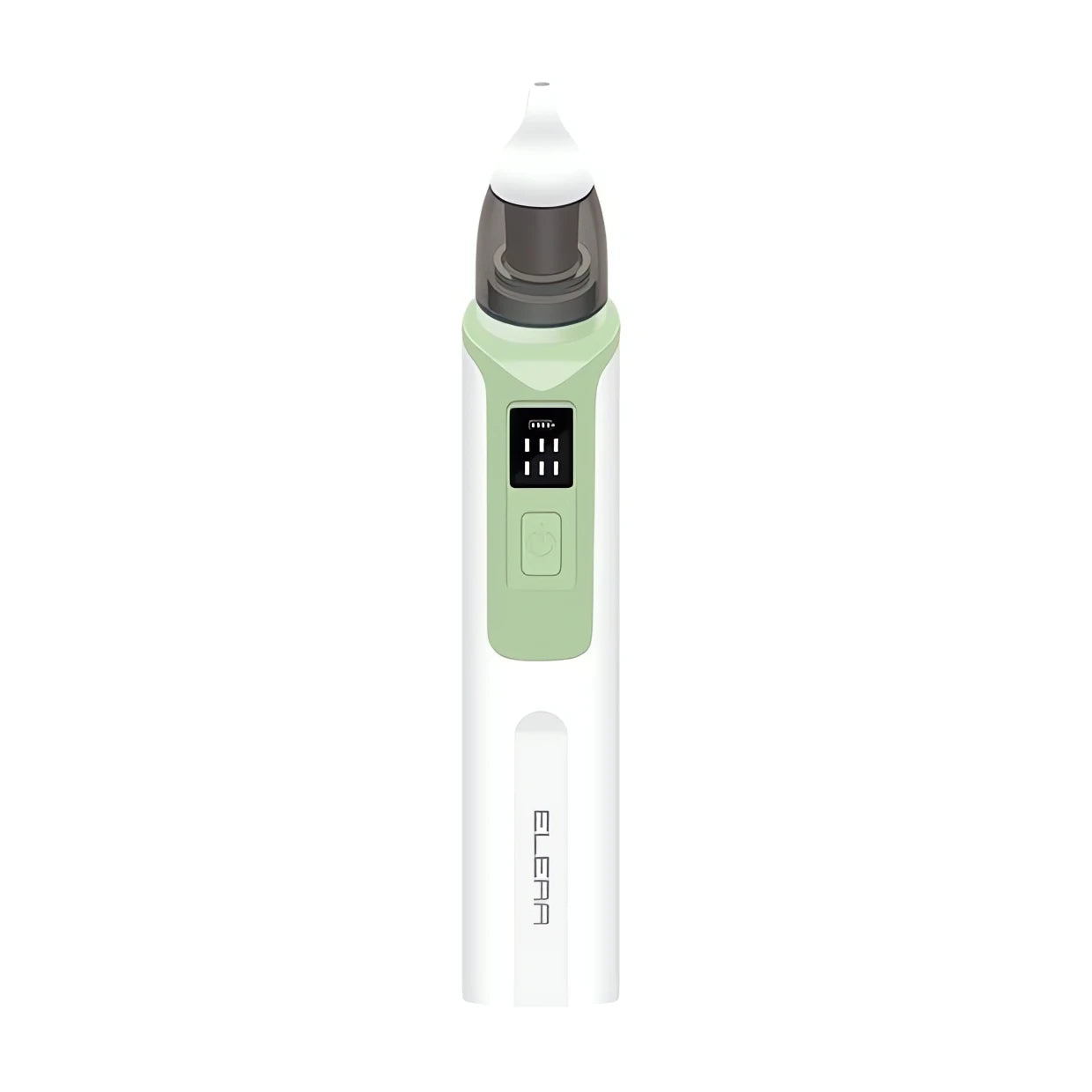 Aspirador Nasal eletrônico branco e verde com visor digital para limpeza nasal eficiente