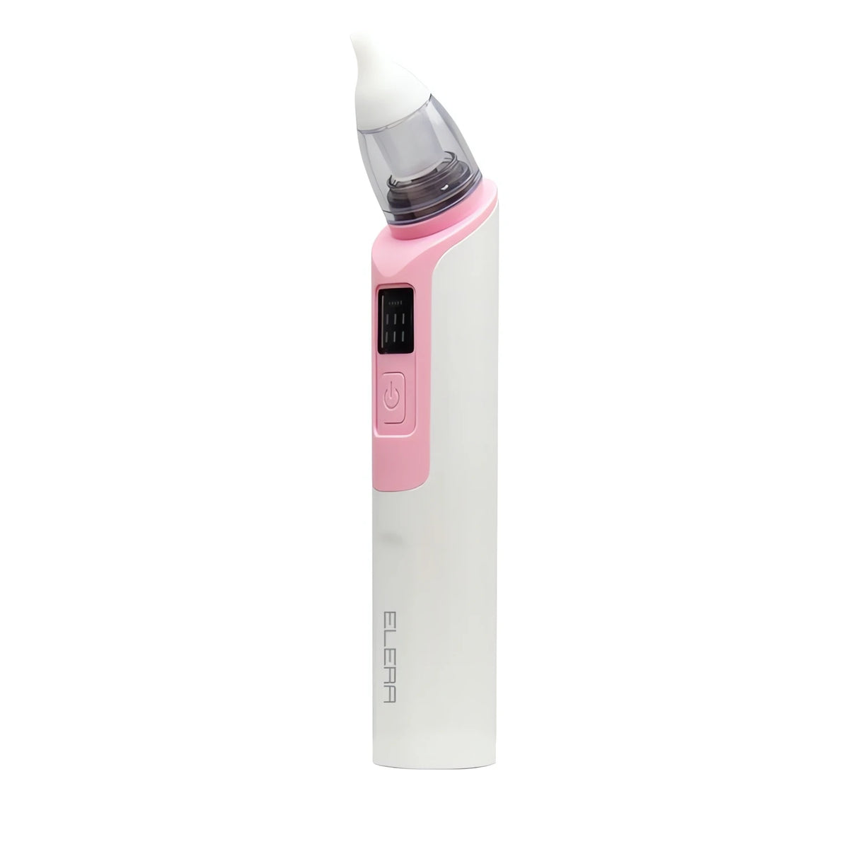 Aspirador Nasal elétrico branco e rosa com design compacto e visor digital para uso fácil