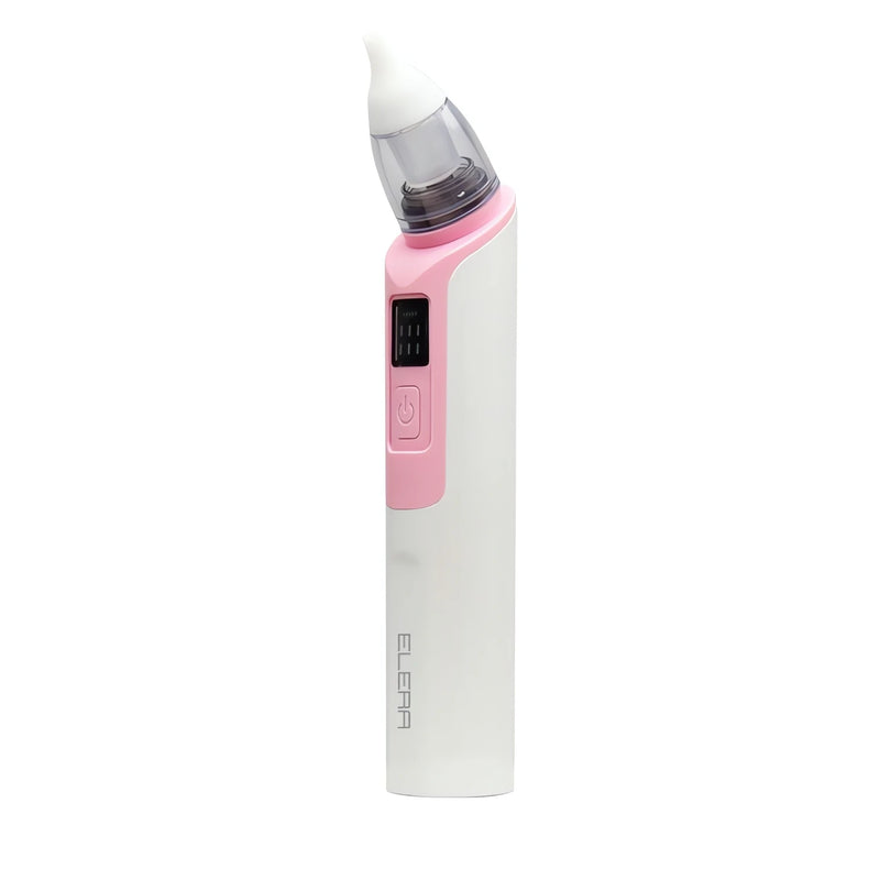 Aspirador Nasal elétrico branco e rosa com design compacto e visor digital para uso fácil