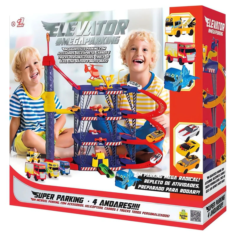 Brinquedo Mega Parking Elevador com Pista Radical para crianças com várias rampas e veículos coloridos