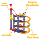 Mega Parking Elevador com Pista Radical com helicóptero e carros em uma estrutura de quatro andares