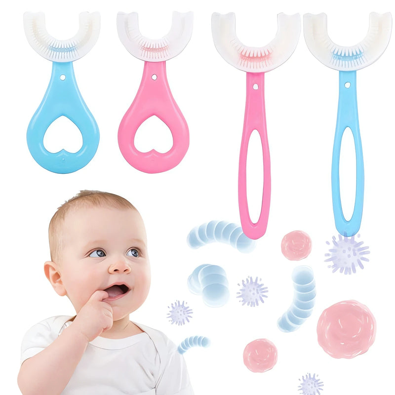 Escova Dental Bebê 360 Graus com design em azul e rosa para limpeza completa e segura