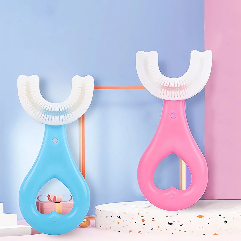Escova Dental Bebê 360 Graus em silicone nas cores azul e rosa para higiene bucal infantil