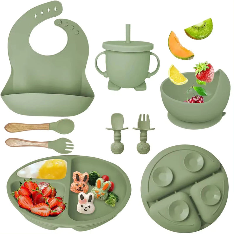 Kit 8 Peças para Bebê: Talheres em Silicone, Prato com Ventosa, Canudo, Colher, Garfo e Babador - Meu Cheirinho Bom